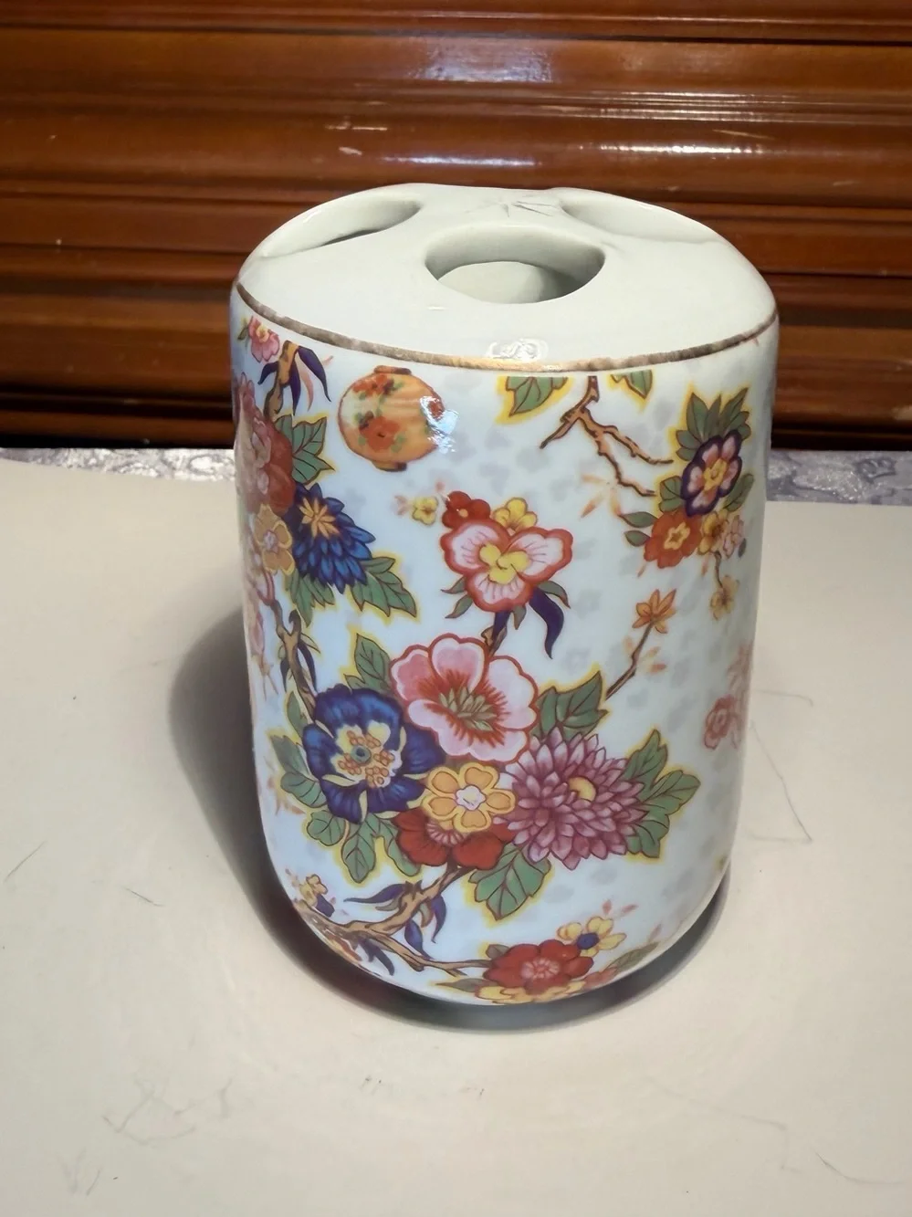 Vintage Formalities Toothbrush Holder Hand-painted Floral with Gold Accents